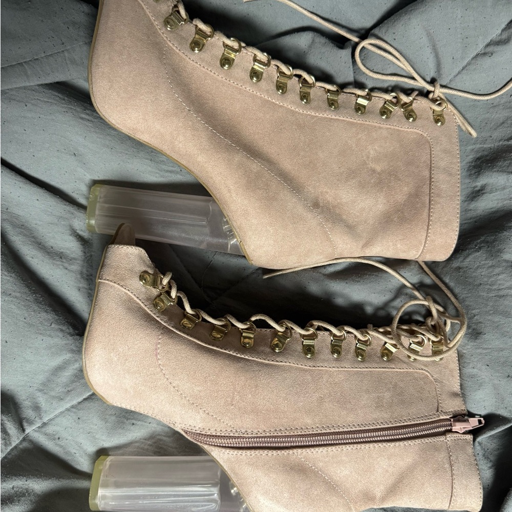 Cream Lace Up Boots with High Heel